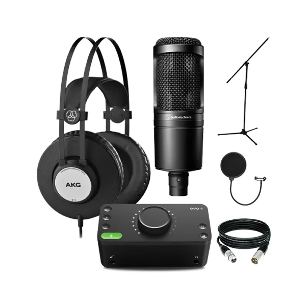 PACK01 + AUDIENT EVO4 INTERFAZ + AKG K72 AUDIFONO DE ESTUDIO + AUDIOTECHNICA AT2020 MICROFONO CONDENSADOR + ATRIL DE MICROFONO , CABLE XLR 2METROS , POPFILTER